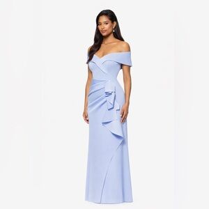 Xscape Light Blue Periwinkle Off Shoulder Ruffle Formal Gown NWT Size 4 Evening